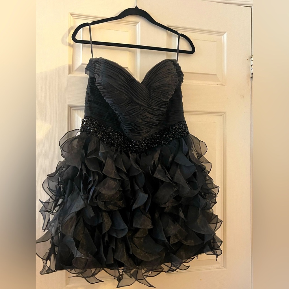 SHERRI HILL Black Strapless Beaded Embellished Ruffle Mini Dress Sz14
